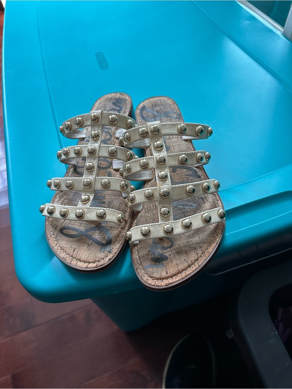 Studded Strappy Flat Sandals in Metallic Beige
SAM ELDERMAN
